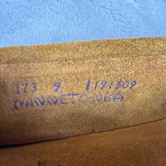 Minnetonka Thunderbird Moc Suede Moccasins Sz 9 Beaded Brown Slip On Slipper - Picture 11 of 11